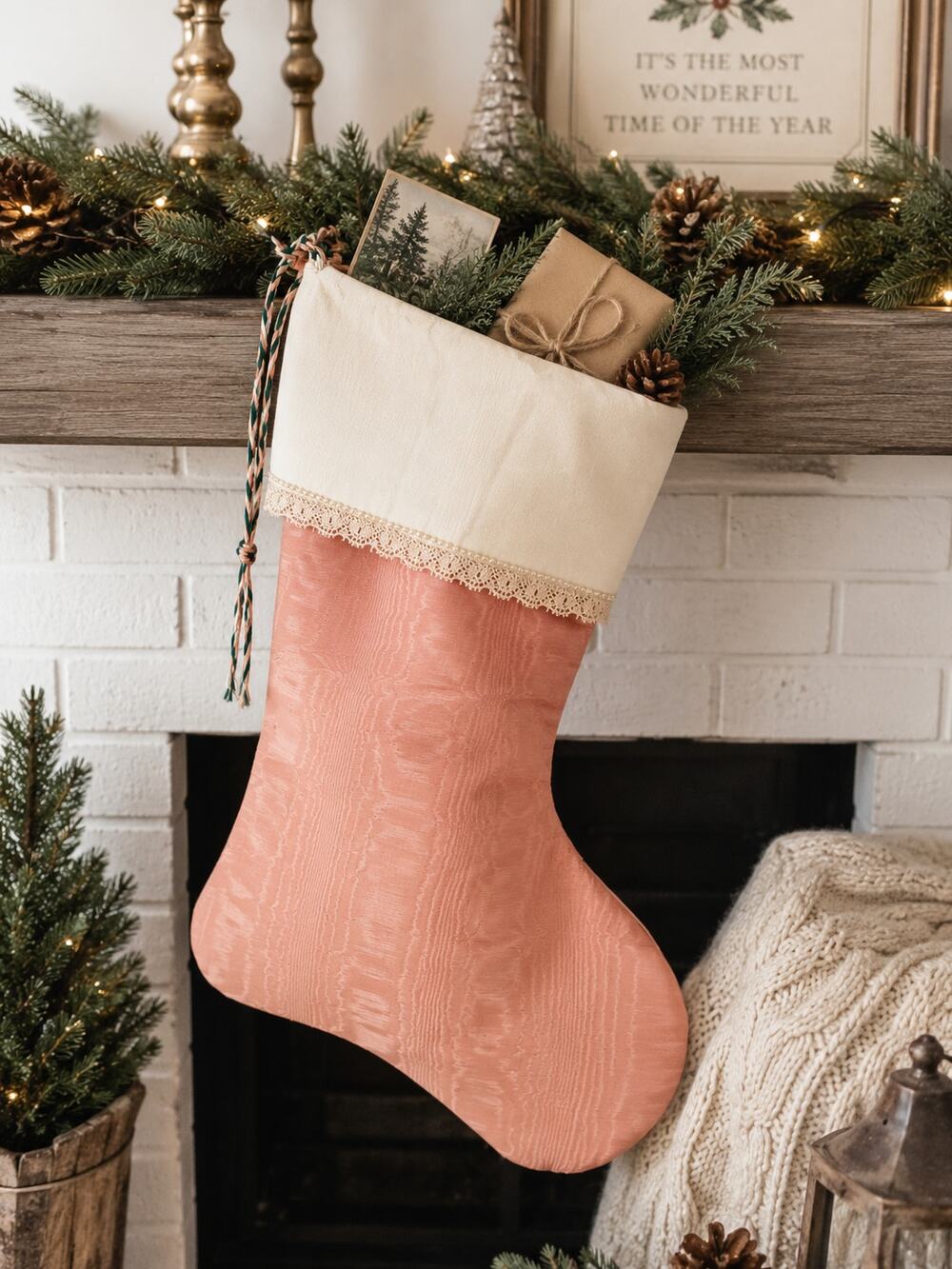 Handmade Vintage Christmas Stocking Soft Blush Pink & Ivory Lace Trim 18.5"